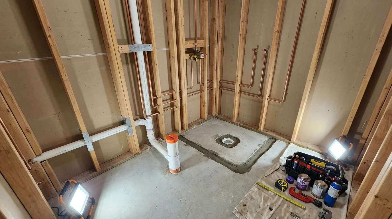 Bathroom rough-in plumbing during remodel by Johns Plumbing LLC in Fall Branch
