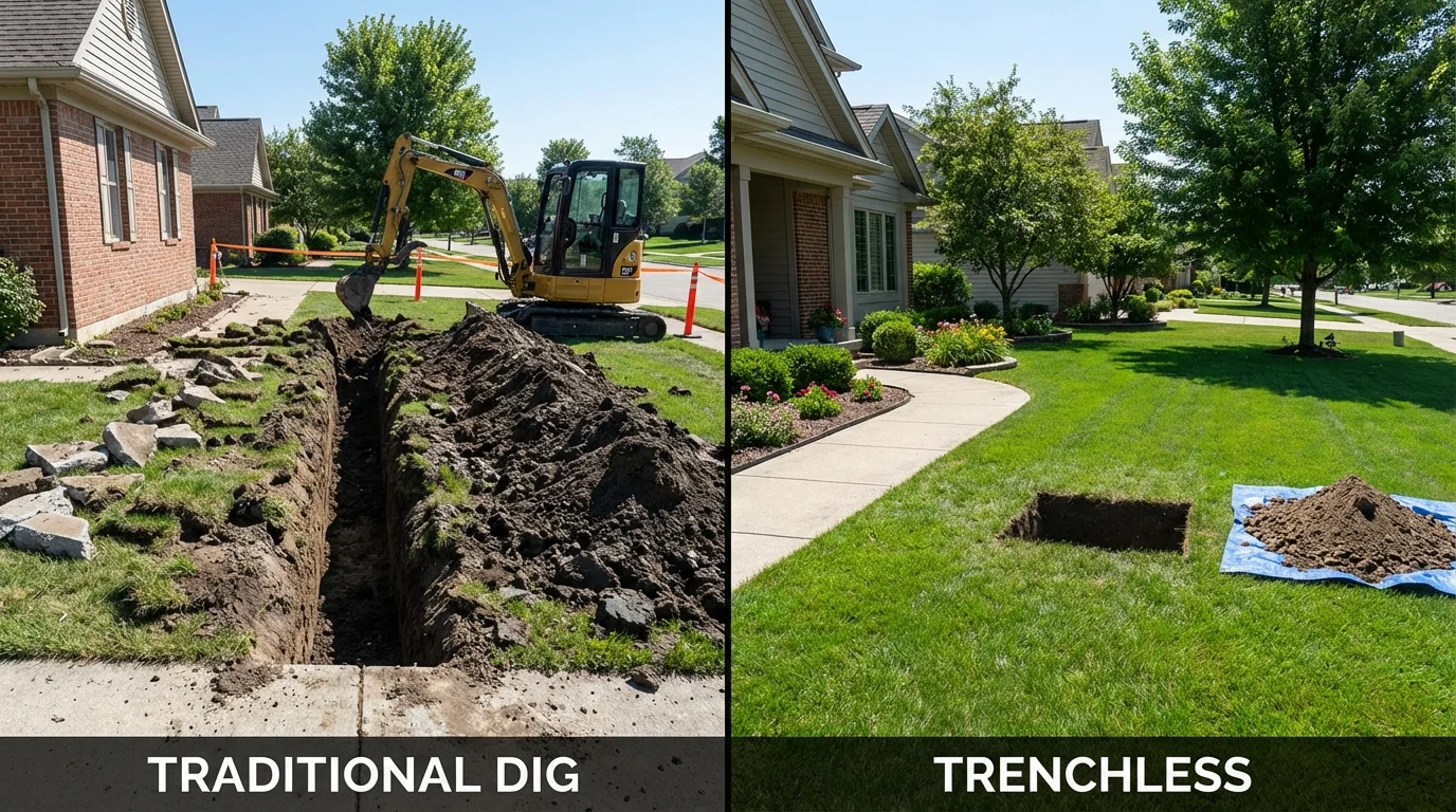 Trenchless sewer repair with minimal yard damage versus traditional excavation in Fall Branch, TN